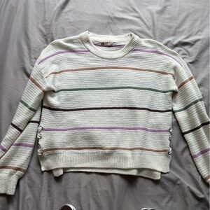 Women's Cream Striped Crew Neck Sweater